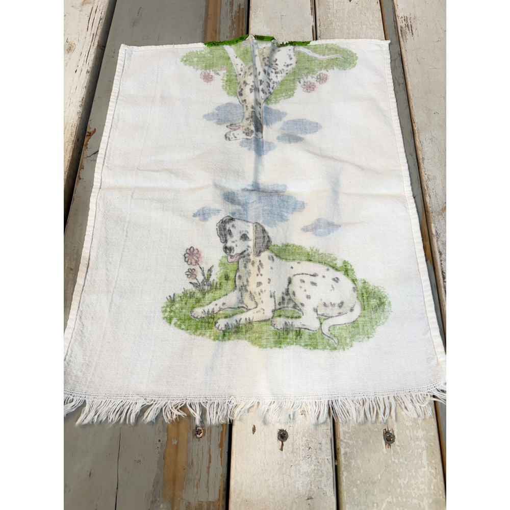 Vintage Dalmatian Dog Linen Tea Towel White Fringe Kitchen Hand Towel Retro - Picture 6 of 8